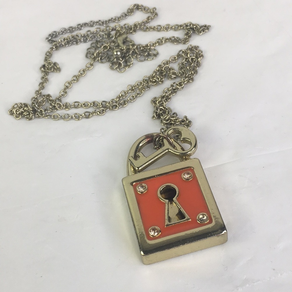 Pink Lock & Gold Key Pendant Necklace Cute Charm Chain Statement Jewelry